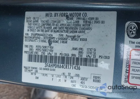 2012 Ford Fusion Se z USA, uszkodzony, nr VIN 3FAHP0HA4CR171436